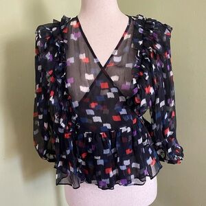 Joie 100% Silk Sample Abstract Confetti Print Ruffled Wrap Blouse Top